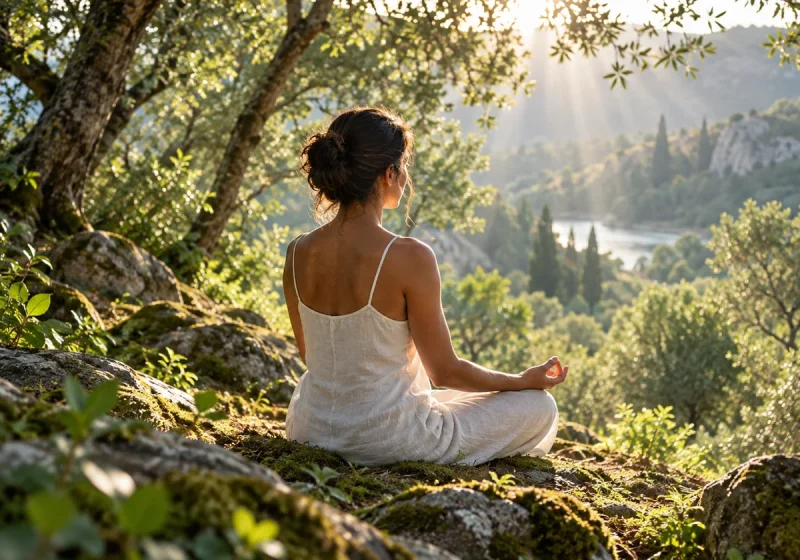 Frau meditiert auf einem Felsen in einem sonnigen Wald