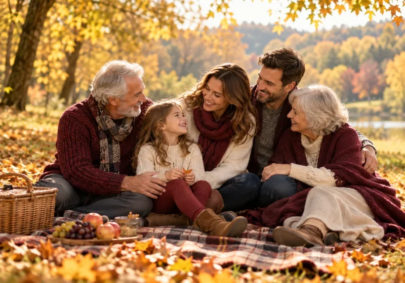 Drei Generationen einer Familie beim Picknick im herbstlichen Park